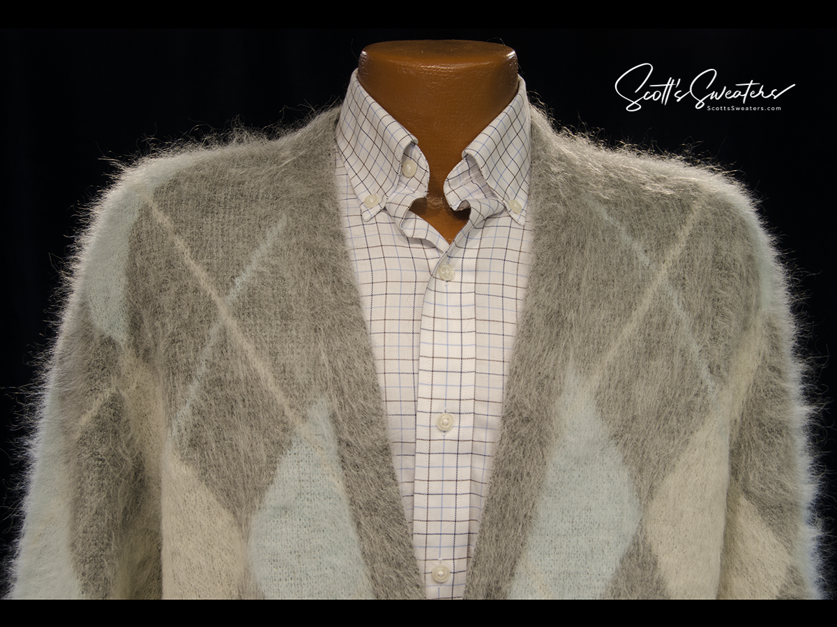 Men's grey three-tone alpaca mohair argyle cardigan sweater by AMI, soft and fuzzy texture, size XL.