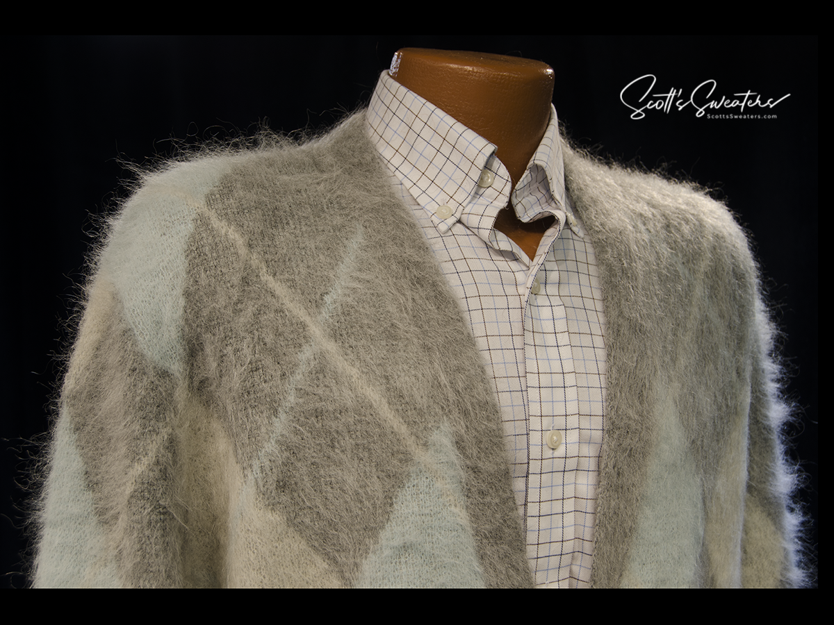 Men's soft fuzzy grey and blue three-tone alpaca mohair argyle cardigan sweater by AMI in X-Large size