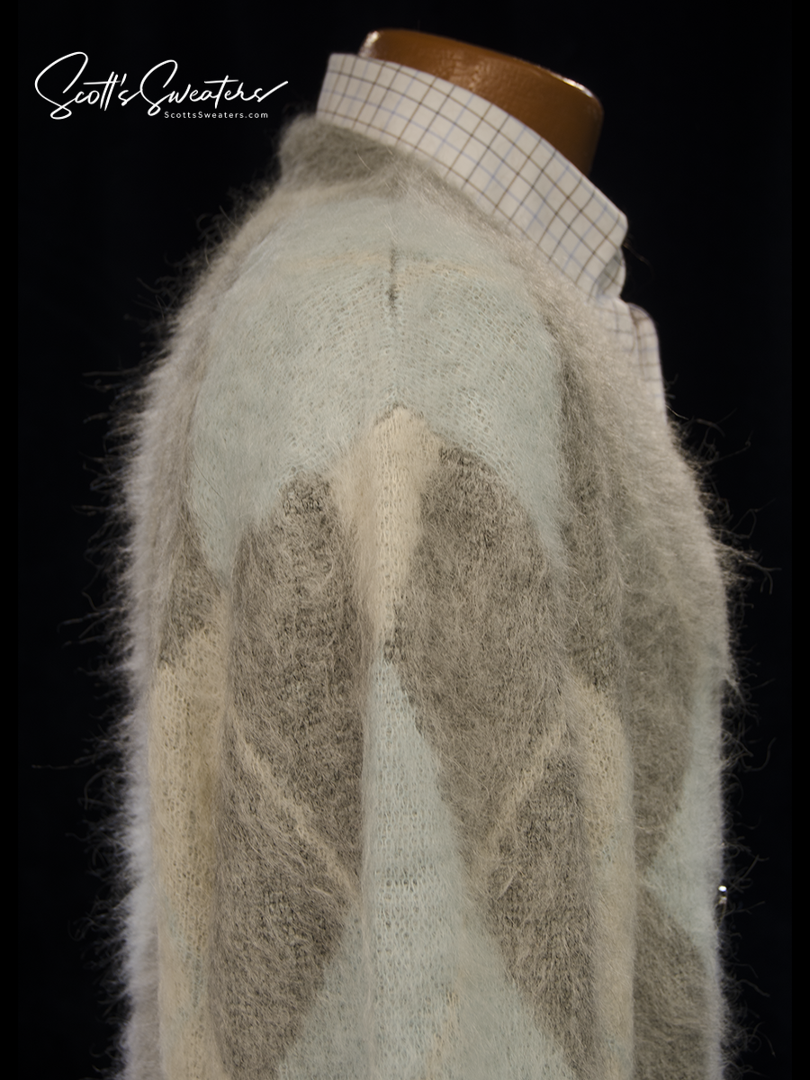 Men's alpaca mohair grey and blue argyle cardigan sweater by AMI Alexandre Mattiussi, soft and fuzzy texture, size XL