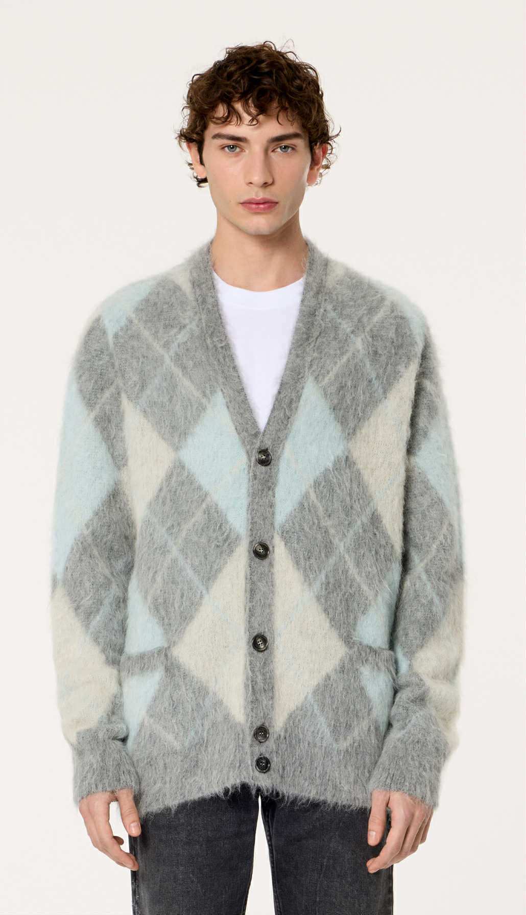 Men's Alpaca Mohair grey blue argyle cardigan sweater by AMI Alexandre Mattiussi