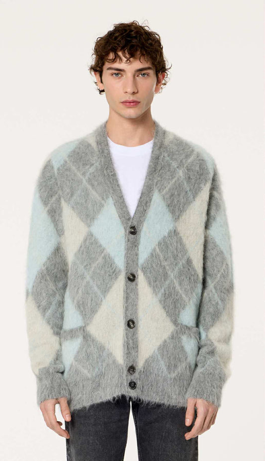 Men's Alpaca Mohair grey blue argyle cardigan sweater by AMI Alexandre Mattiussi