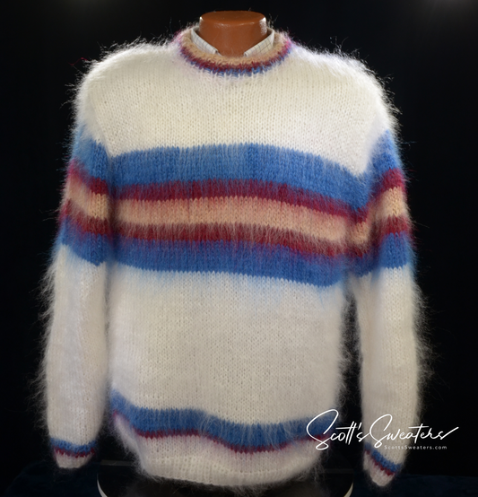 Men's mohair sweater with custom striped crewneck design, hand-knit with 75% mohair yarn in sporty collegiate style