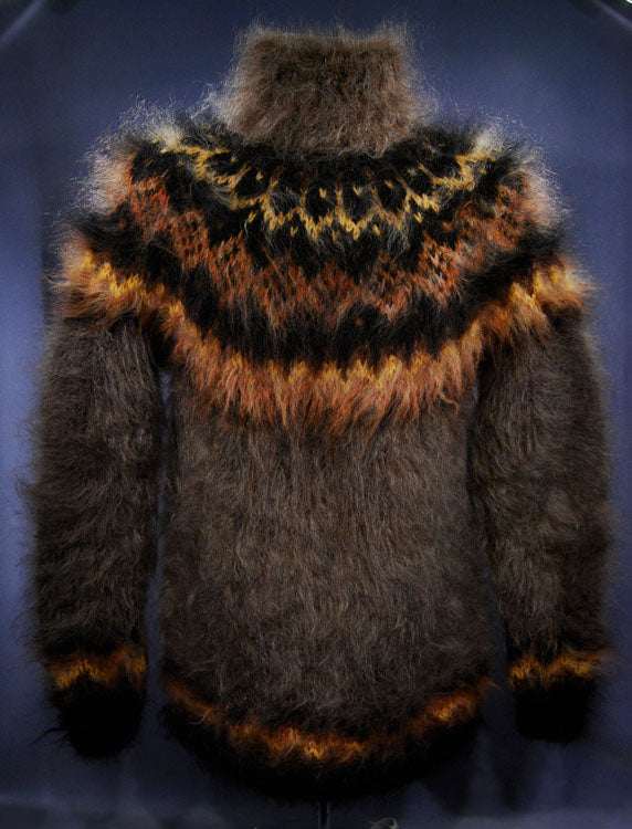 Men's handknit turtleneck mohair sweater in mink color with patterned yoke and high bunched neck for warmth