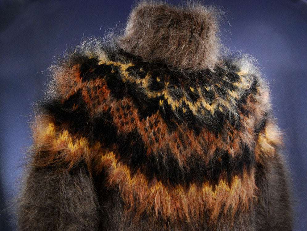 Men's handknit turtleneck mohair sweater in mink color with patterned yoke for warmth and comfort