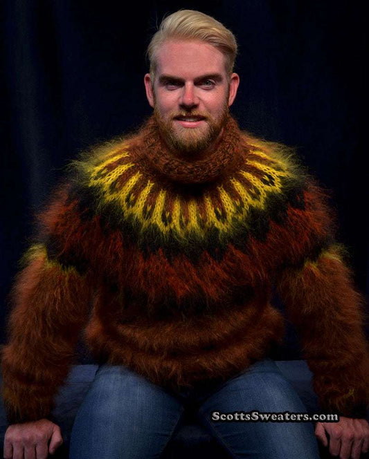 Copper men's handknit long-fiber mohair turtleneck sweater, luxurious and warm