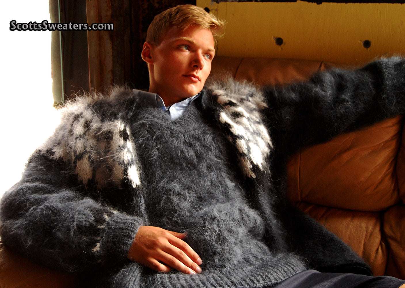 Men's handknit long-hair soft mohair sleeveless sweater vest by Scott's Sweaters