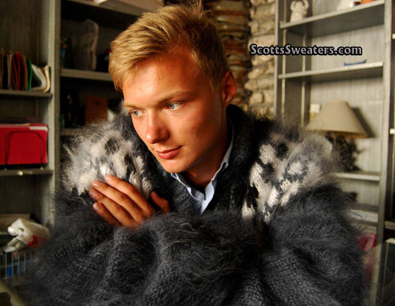 Men's Handknit Mohair Zipper-front Cardigan Sweater