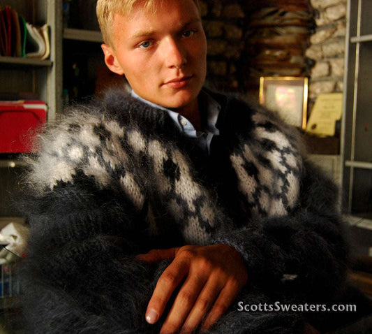 Men's handknit mohair cardigan sweater with fuzzy texture and zipper front by Scott's Sweaters