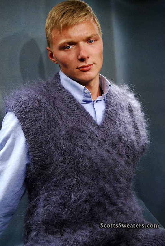 Men's handknit mohair sleeveless sweater vest in soft long-hair knit