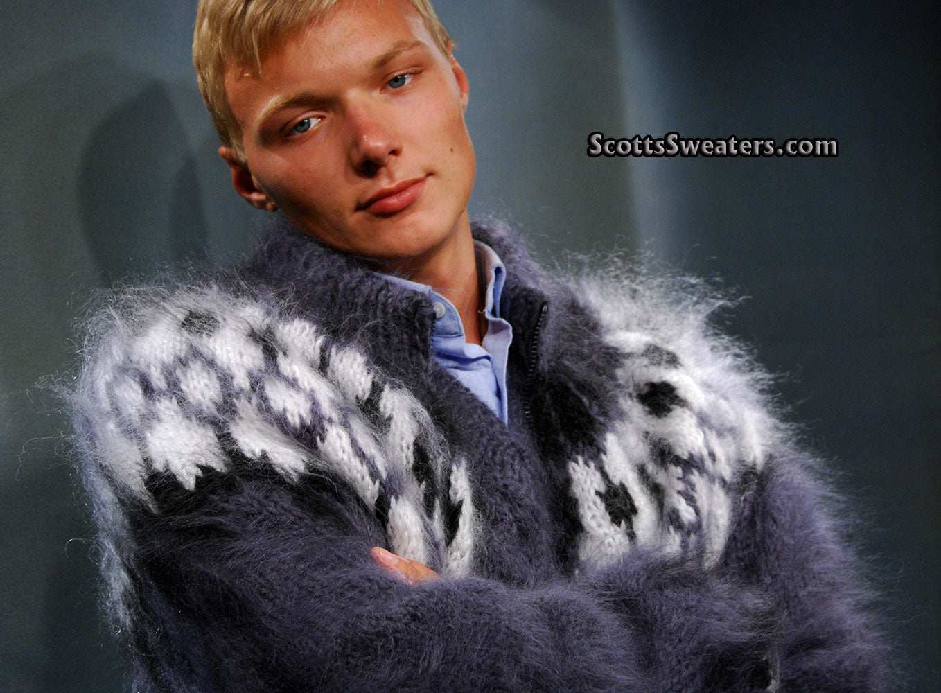 Men's Handknit Mohair Zipper-front Cardigan Sweater
