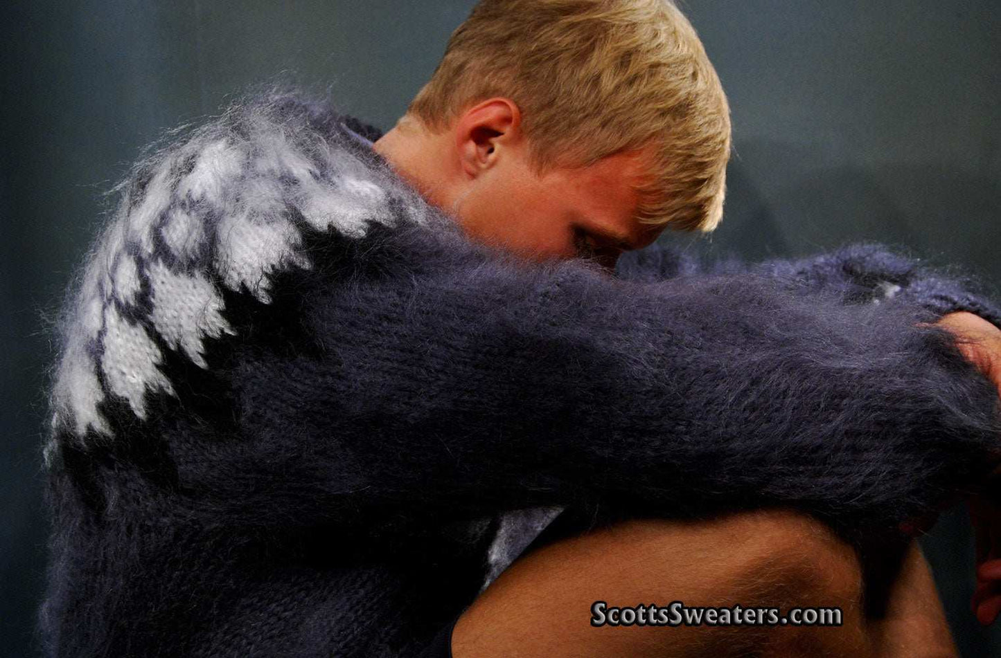 Men's hand-knit fuzzy mohair cardigan sweater with zipper front by Scott's Sweaters