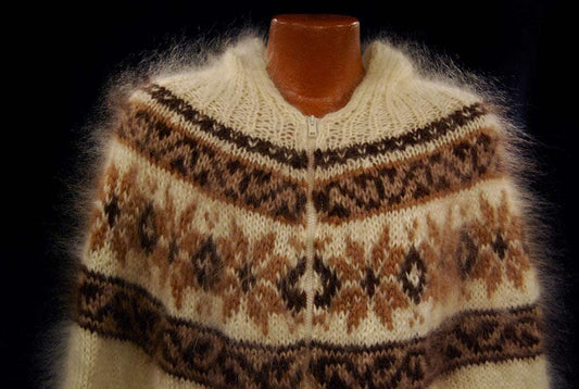 Unisex cream handknit mohair hoodie cardigan with tan snowflake design and zipper front