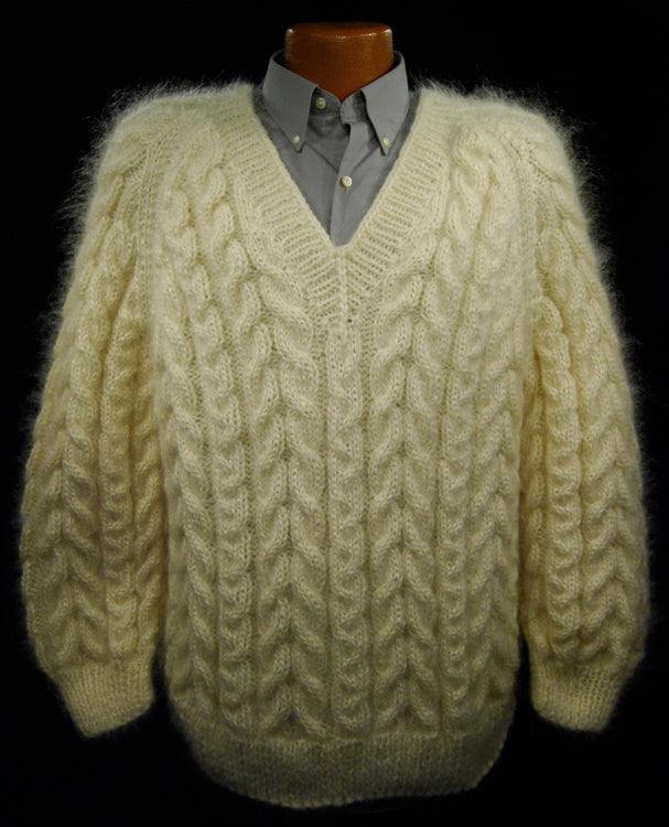 Men's handknit thick cream mohair cable-knit sweater with V-neck on mannequin