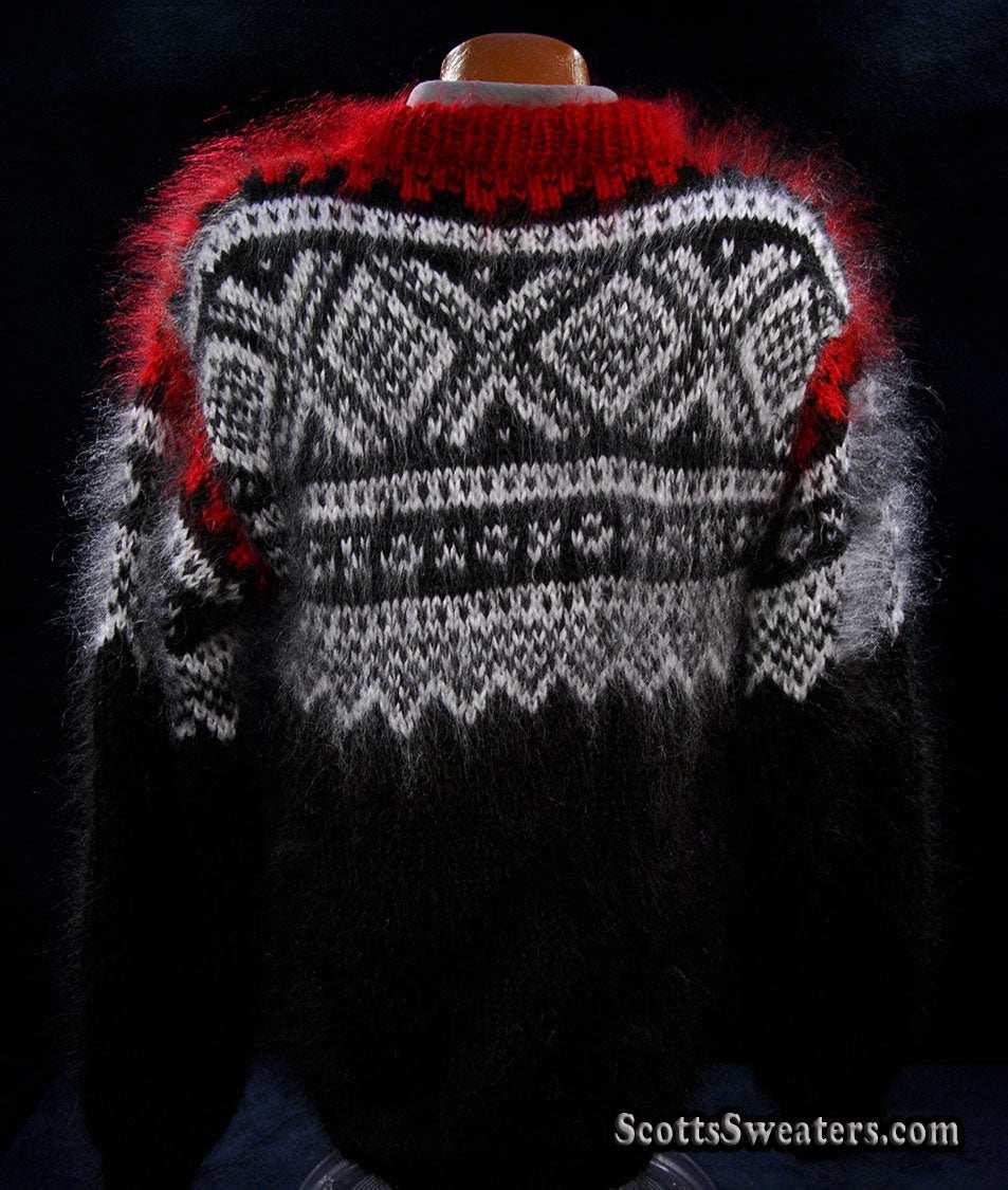 Men's black mohair pullover crewneck sweater with red and white yoke design