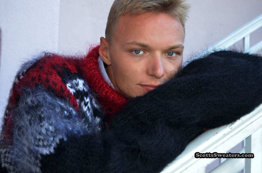 Men's black mohair pullover crewneck sweater with red and white yoke design