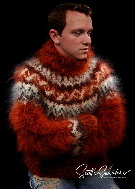 Copper colored men's handknit mohair turtleneck sweater