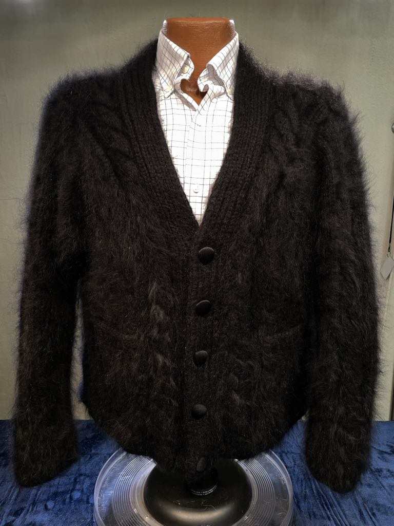 Men's home-spun angora-silk black hand-knit sweater with buttons and cable knit pattern