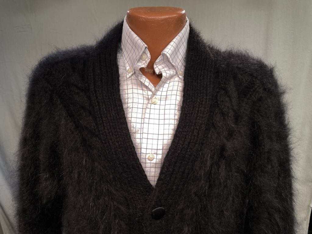 Men's home-spun angora-silk black fuzzy sweater over checkered dress shirt, hand-knit prototype clearance piece