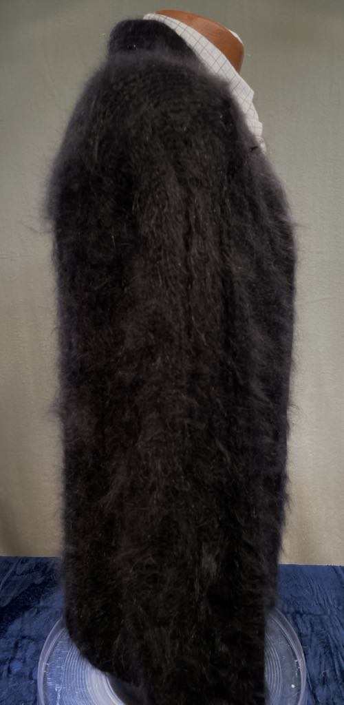 Men's home-spun angora-silk black hand-knit sweater with a soft, fuzzy texture and short body length.