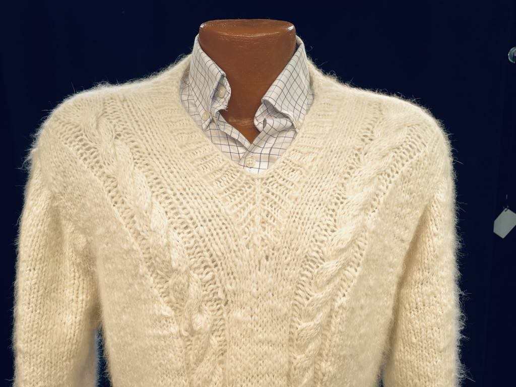 Men's hand-spun angora-silk sweater with cable knit pattern and V-neck design