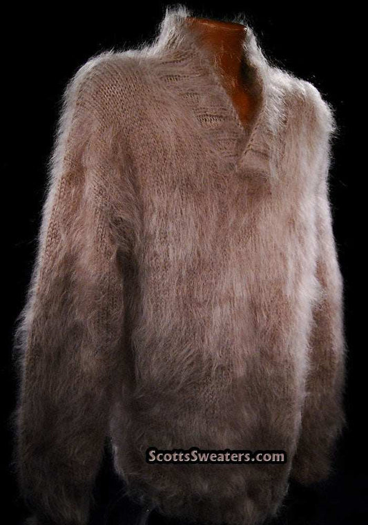 Dark-beige men's handknit mohair shawl-neck sweater X-Large with relaxed fit