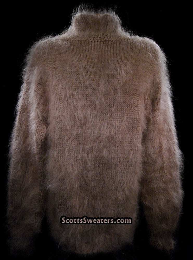 Dark-beige men's handknit mohair shawl-neck sweater in XL size
