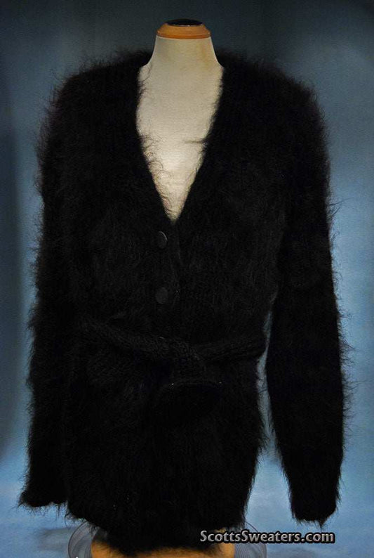 Black mohair sweater-coat with matching knitted belt in 2XL size displayed on a mannequin