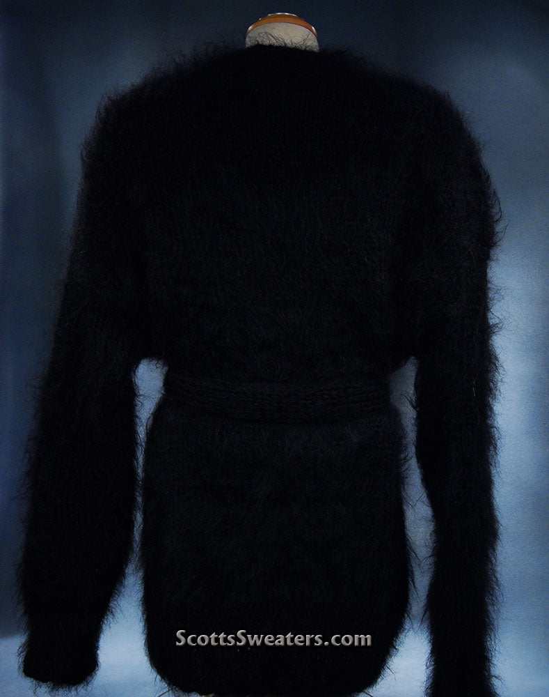 Black mohair sweater-coat with matching knitted belt by Scott's Sweaters in 2X-Large size