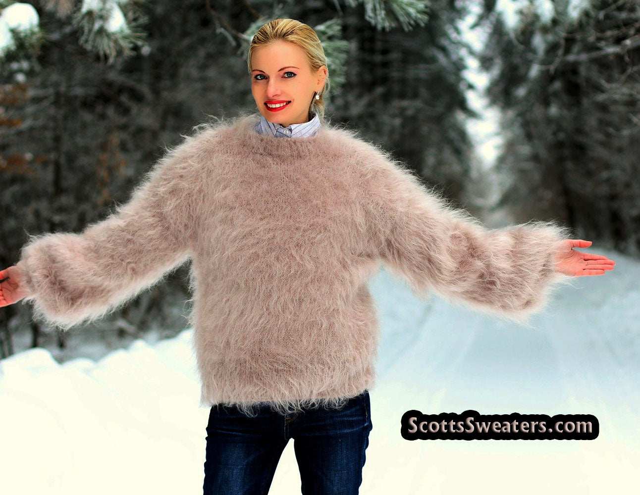 Woman's Hand-Knit Beige Mohair Sweater