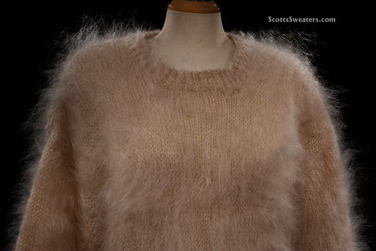 Woman's long fuzzy champagne color mohair crewneck sweater by Scott's Sweaters in Large/2XL