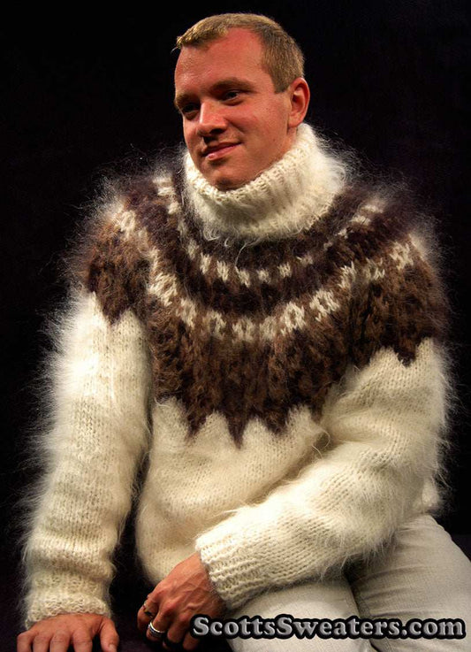 Ivory men's hand-knit mohair turtleneck sweater with brown and black yoke design by Scott's Sweaters, size Small/Medium