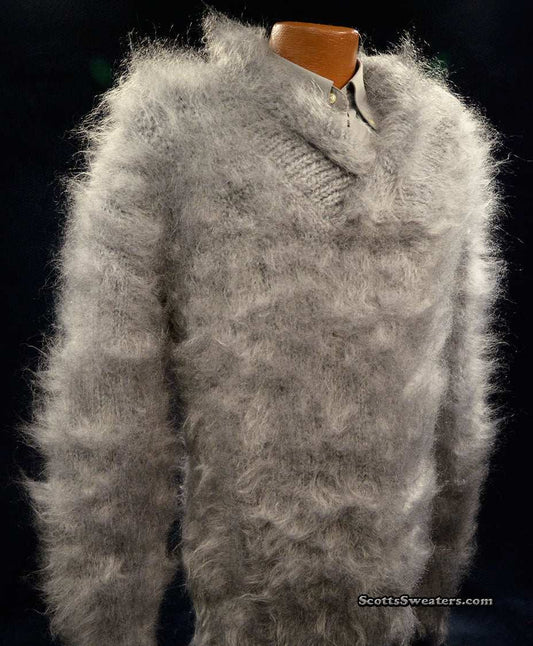 Hand-knit unisex mohair sweater with cross-over neck in medium-large size