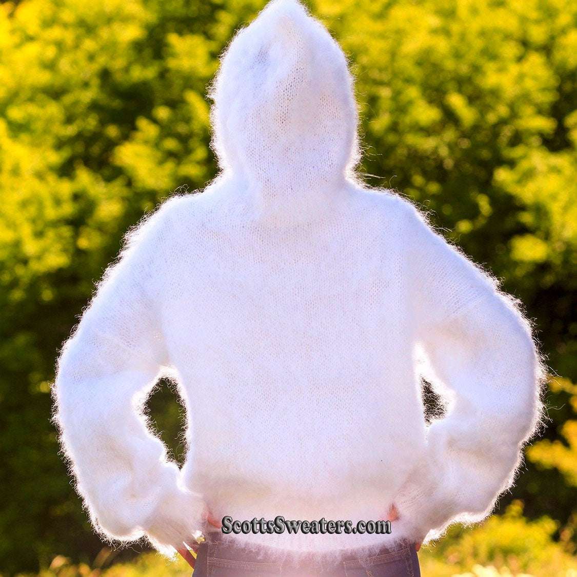 Woman's white hand-knit mohair sweater jacket with hood by Scott's Sweaters, size Large/X-Large