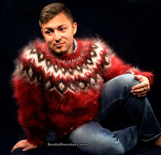 Deep red hand-knit mohair crewneck sweater with white and black yoke pattern