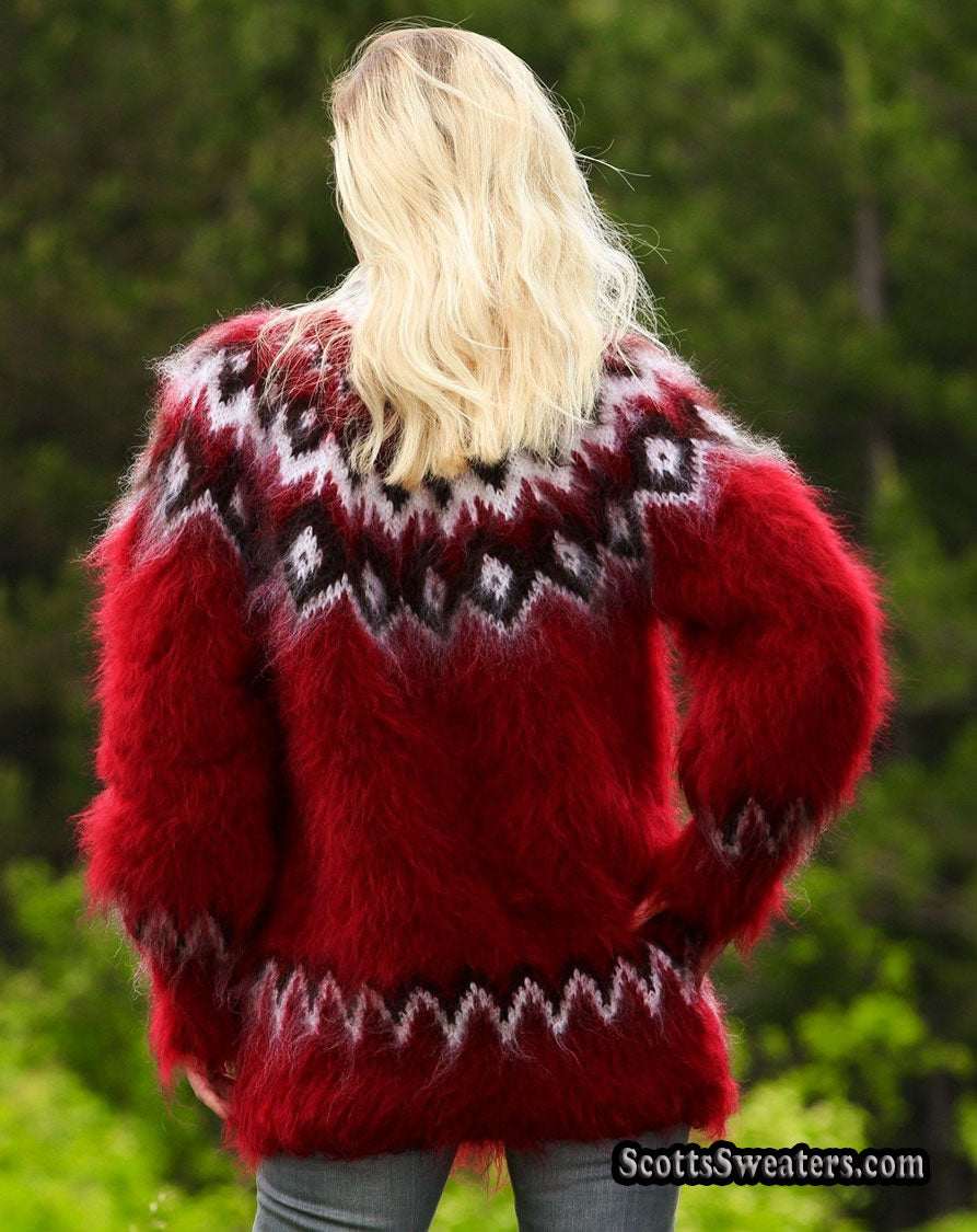 Deep red hand-knit mohair crewneck sweater with white and black yoke pattern