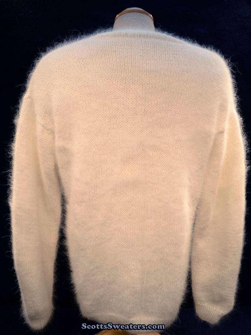 Woman's white hand-knit angora V-neck sweater by Scott's Sweaters medium size