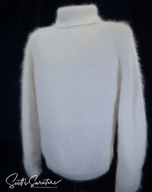 Men's handknit luxurious turtleneck angora sweater in cream color, made of 75% angora and 25% nylon, perfect for winter wear.