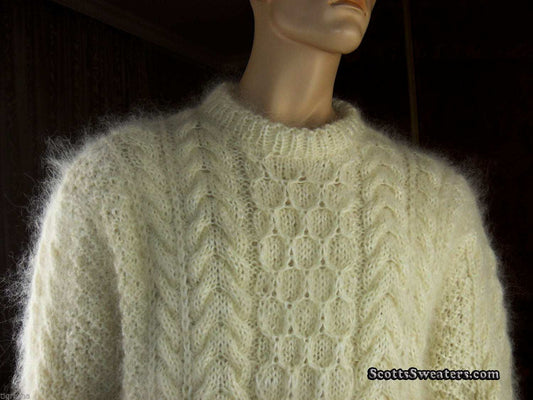 Men's fuzzy handknit ivory mohair Aran crewneck sweater in X-Large size