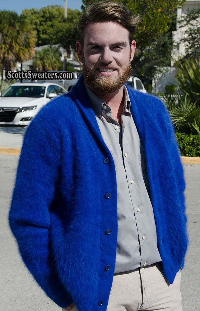 Men's solid-color royal blue angora cardigan sweater with shawl neck and button closure, ultra-soft and warm design