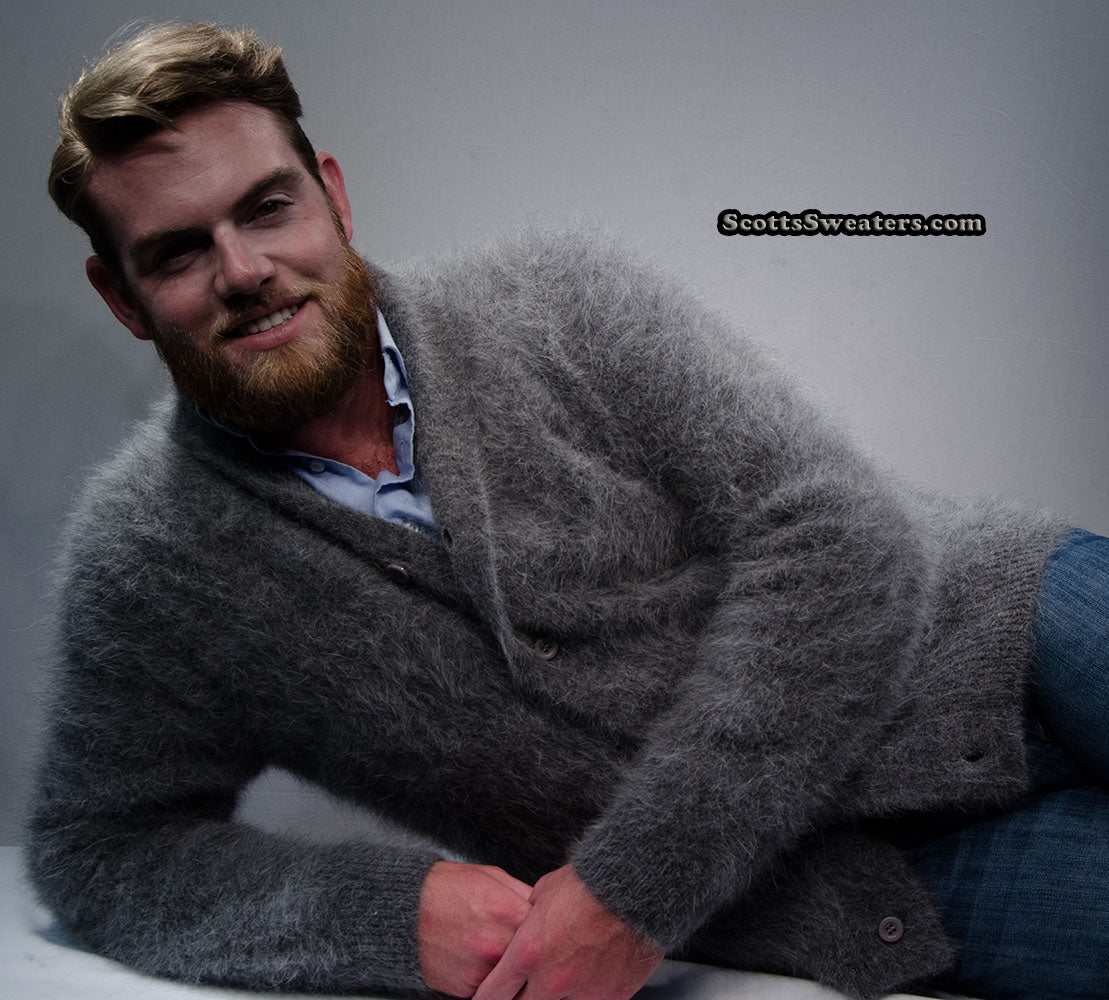 Men's solid-color angora cardigan sweater with shawl-neck collar, ultra-soft and warm knit design.