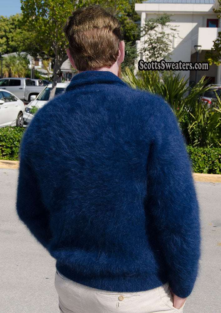 Men's solid-color royal blue angora cardigan sweater with shawl-neck collar and ultra-soft double-thickness knit for warmth