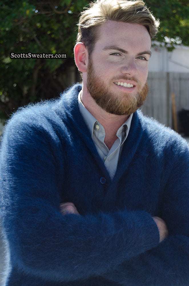 Men's solid-color royal blue angora cardigan sweater with shawl-neck collar and double-thickness knit for extra warmth