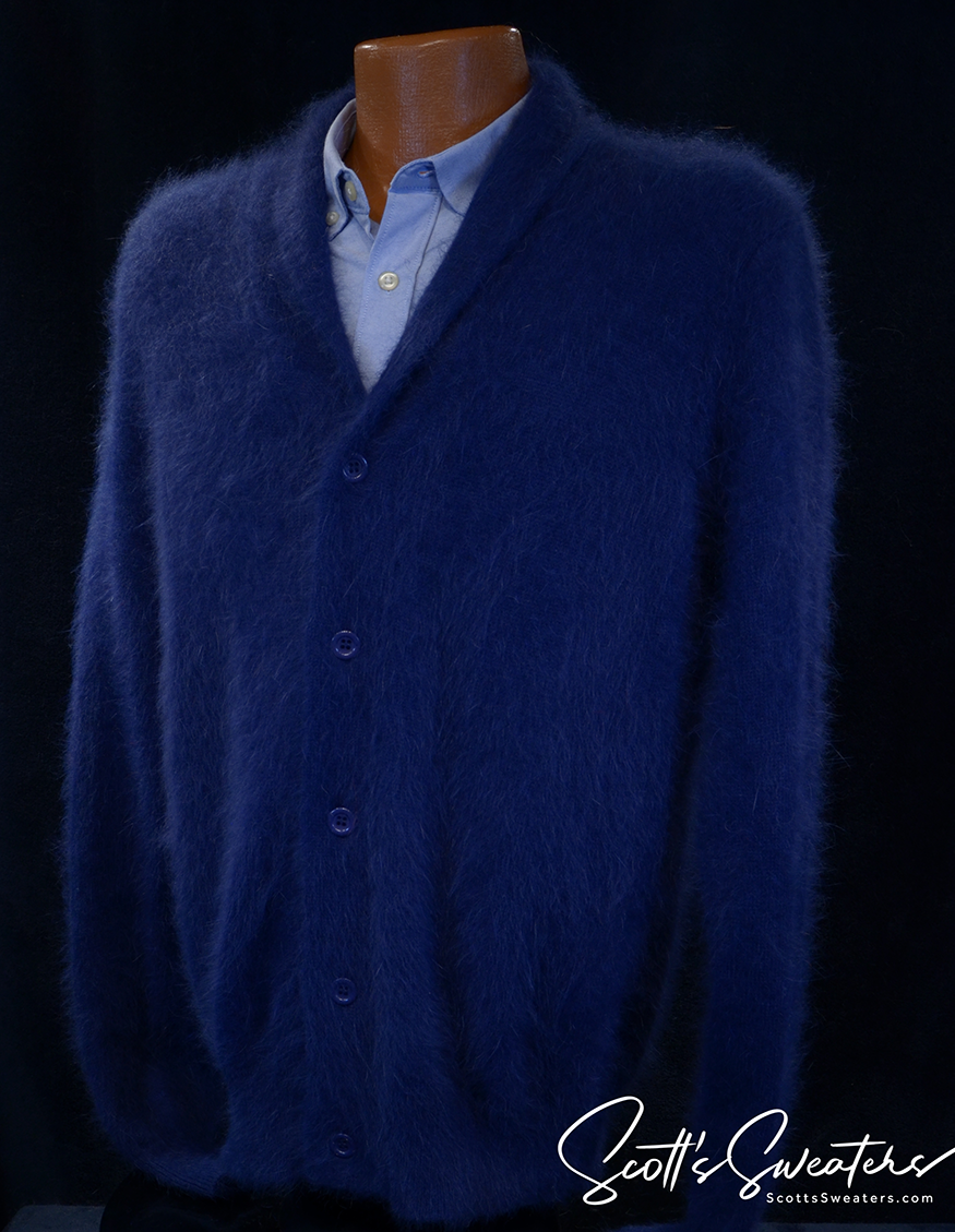 Men's soft navy blue angora cardigan sweater with shawl neck and button front displayed on mannequin.