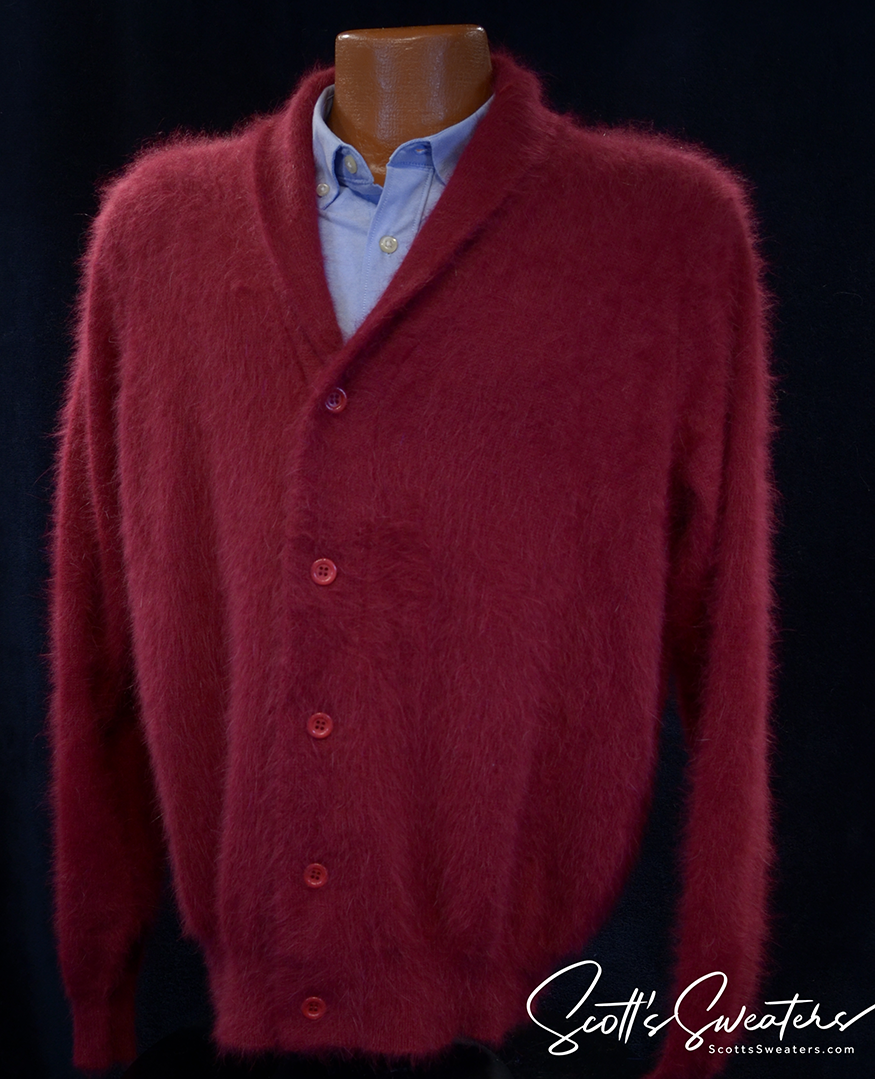 Men's burgundy angora cardigan sweater with shawl neck and button front on mannequin