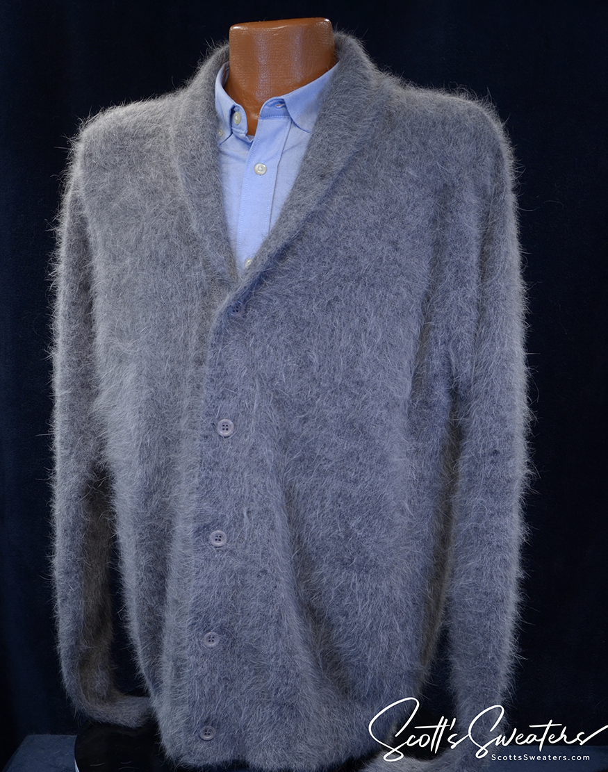 Men's soft gray angora cardigan sweater with shawl neck and buttons on mannequin over blue shirt