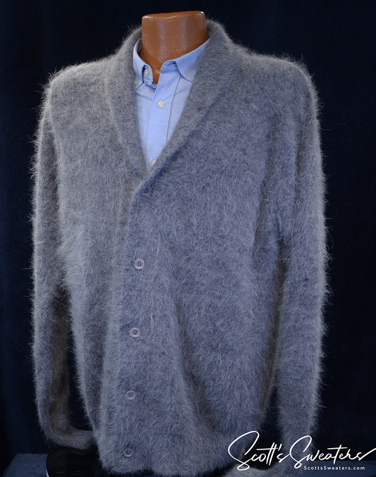 Men's soft gray angora cardigan sweater with shawl neck and buttons on mannequin over blue shirt