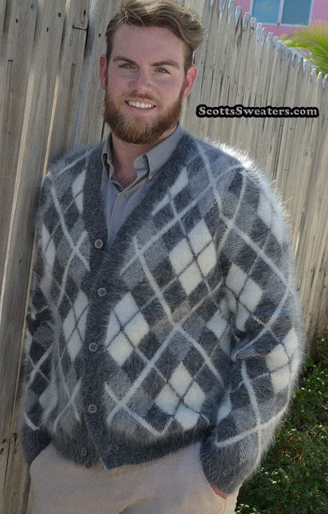 Men's argyle angora cardigan sweater in grey tones with a soft double-thickness knit design.