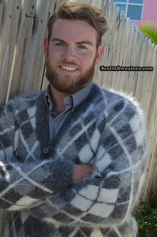 Men's argyle angora cardigan sweater in soft three-tone pattern, warm double-thickness knit design