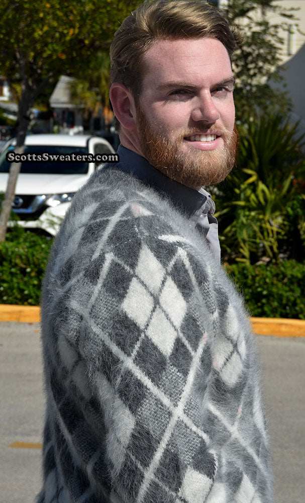Men's argyle angora cardigan sweater in three-tone gray with double-thickness knit for warmth