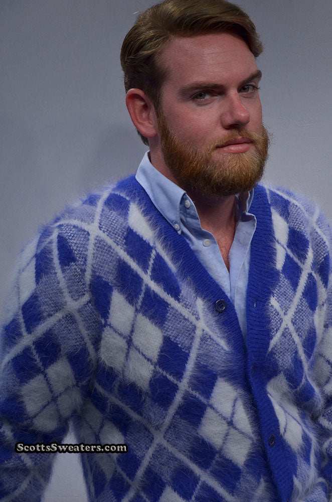 Men's argyle angora cardigan sweater in blue and white with soft double-thickness knit warmth